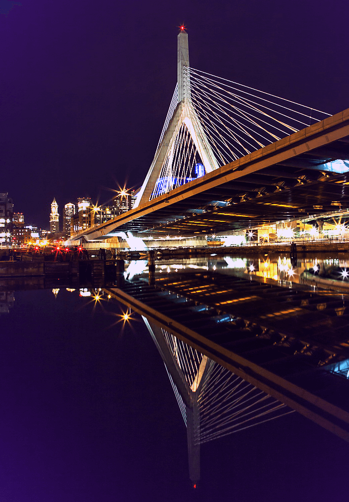 The Zakim bridge at night.